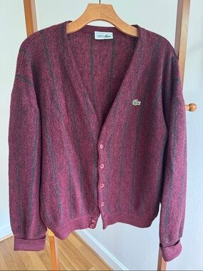 Vintage Lacoste Men's Maroon Cardigan with Dark Green Pinstripes size 4